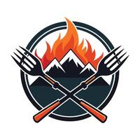 Sizzling Mountain Grill Barbecue with Fork and Flaming Logo vector