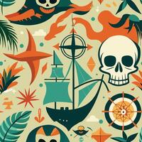 Sketchy Pirate Ship and Skull with Banner Outline vector