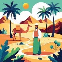 Emirati Man Strolling with Camel amidst Desert Sandscape vector