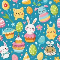 Seamless Easter Pattern with Colorful Cakes Bunnies and Balloons vector