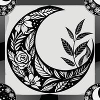 Intricate Black Hand Drawn Floral Crescent Moon with Celestial Background vector
