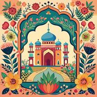 Mughal Patterned Palace Frame with Majestic Peacocks in a Verdant Garden vector