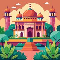 Traditional Mughal Palace and Garden with Ornate Architecture and Lush Greenery vector