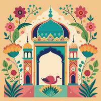 Ornate Mughal Garden Archway with Palace Temple and Peacock Illumination vector