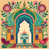 Majestic Mughal Garden Archway with Elephant in Royal Palace Grounds vector