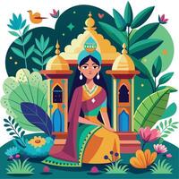Serene Mughal Queen Relaxing in a Tranquil Garden with an Ornate Temple Arch vector