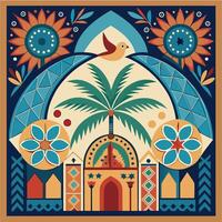 Intricate Decorative Moroccan Pattern with Majestic Palm Tree Plant vector