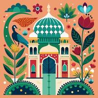 Mughal Garden s Majestic Peacock Tree and Ornate Arch Frame vector