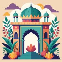 Intricate Architecture of an Indian Mughal Garden Archway Plant Life and Temple vector