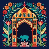 Intricate Mughal Architectural Archway with Ornate Floral Motifs and Serene Garden Scene vector