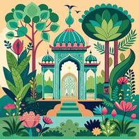 Serene Mughal Garden Oasis with Ornate Archway and Majestic Peacock vector