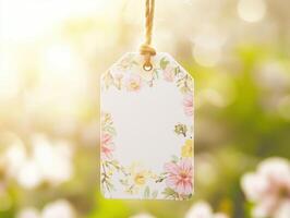 White empty sale tag adorned with flowers and pastel colors on a spring background featuring blooming flowers and soft sunlight. photo