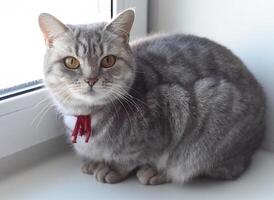 Young gray cat with big yellow eyes laying and attentively looking in the camera photo