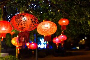 Many red lanterns with vietnamese language translated as Happy New Year hanging in Vietnam for Lunar New Year photo