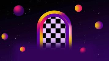 Retro arch frames a checkered pattern in outer space. Retro background animation video