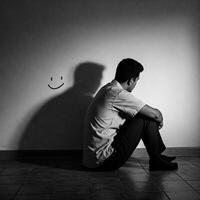 A man sitting on the floor with a smiley face drawn on the wall photo