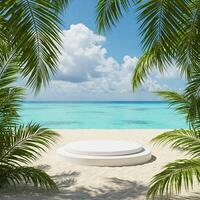 White platform on tropical beach with palm trees photo