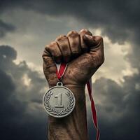 A man holding up a silver medal with a stormy sky in the background photo