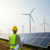 A man in a hard hat and yellow vest is standing in front of wind turbines photo