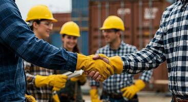 Three men in hard hats shaking hands photo