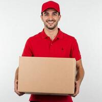 Delivery man holding a box on a white background photo