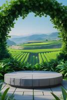 A stone bench in a garden surrounded by lush green plants photo