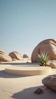 A desert scene with a cactus plant and rocks photo