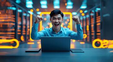 A man sitting in front of a laptop with his hands up photo