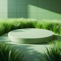 A circular green platform in front of a green wall photo
