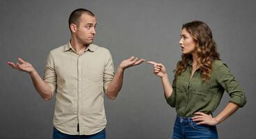A man and woman are arguing and pointing at each other photo