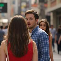 A man and woman standing in a city street photo