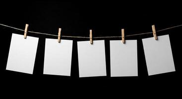Four blank white cards hanging on a clothesline photo