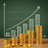 Golden coins on a table with a graph on a blackboard photo