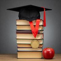 A graduation cap, a red apple and a stack of books photo