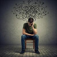 A man sitting on a chair with question marks above his head photo
