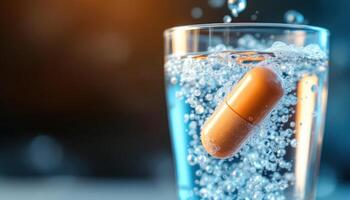 A capsule dissolving in a glass of sparkling water, illustrating effective medication. photo