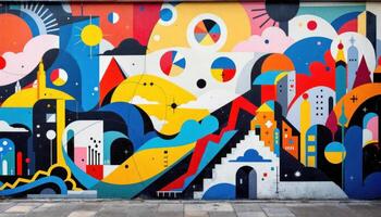 Vibrant mural showcasing abstract shapes and colors on an urban wall. photo