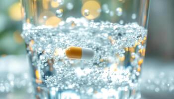 Effervescent tablet dissolving in clear water, creating bubbles and vibrant reflections. photo