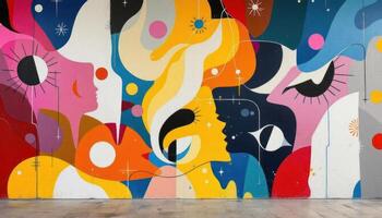 Vibrant mural featuring colorful abstract faces and artistic expressions on a wall. photo