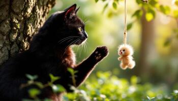 A playful black cat reaching for a hanging toy in a sunlit forest setting. photo