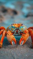 A crab with orange and blue colors on its shell photo