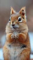 A small squirrel with big eyes standing on its hind legs photo
