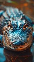 An alligator is floating in the water photo
