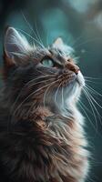 A cat looking up at the sky with a blurry background photo