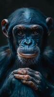 A chimpanzee is sitting with his hands on his chin photo
