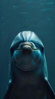 A dolphin with its mouth open in the water photo