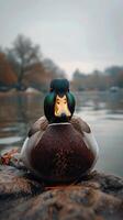 A duck sitting on a rock by the water photo