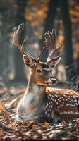 A deer is sitting in the woods with leaves photo