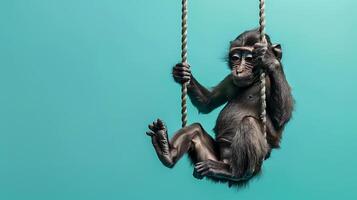 A monkey is hanging on a rope photo