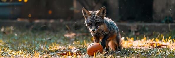 A fox is walking on the grass with an orange ball photo